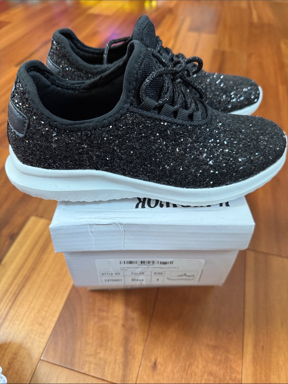 Black Glitter Girls Sneaker with White Sole